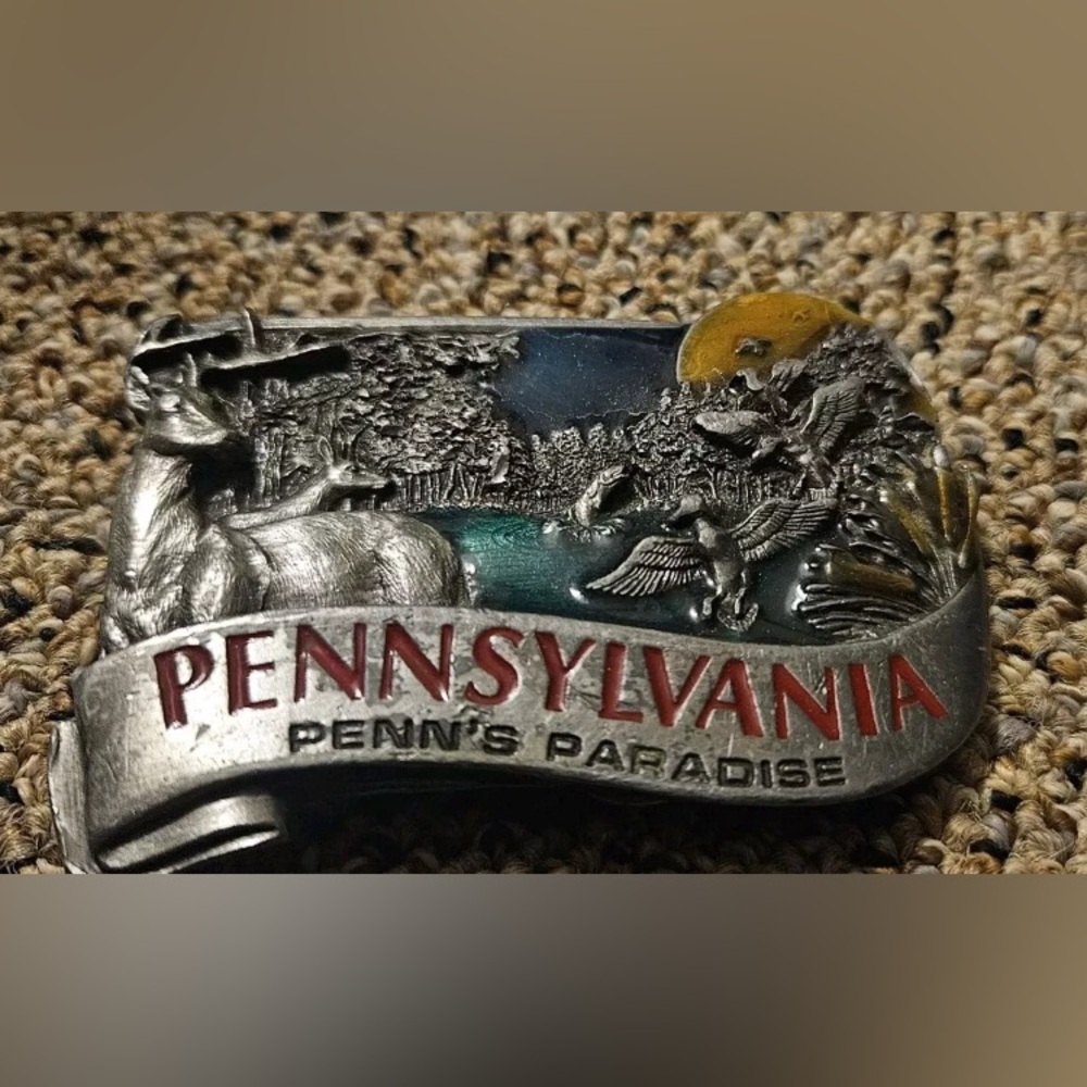 Vintage 1984 Bergamot Brass Works Belt Buckle "Pennsylvania Penn's Paradise"
